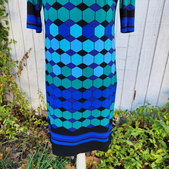 Eliza J Vintage Blue Black Geometric Mod Dress Size 4 - Picture 3 of 6